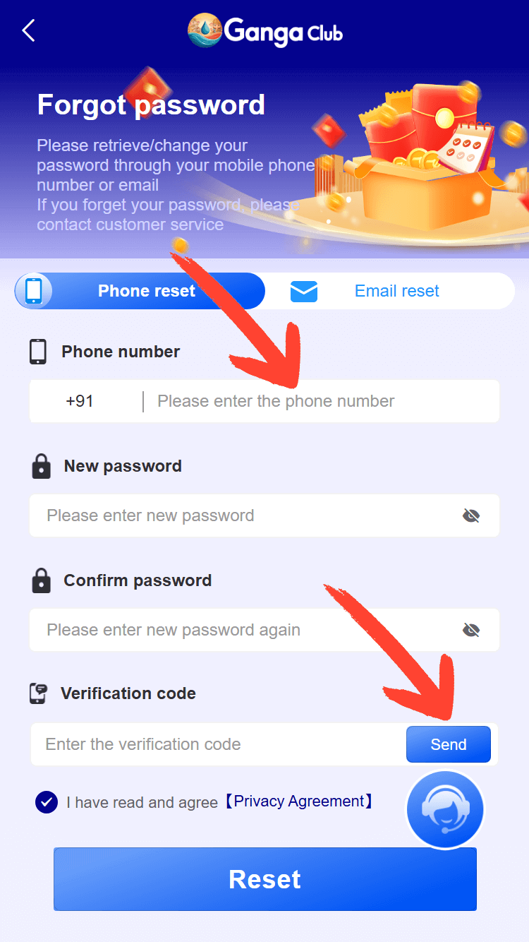 Ganga Club forgot password screen