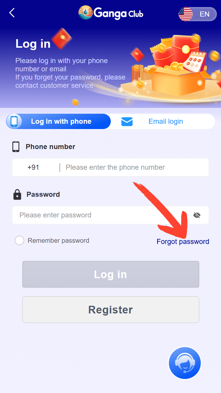 Ganga Club login screen with phone and password fields