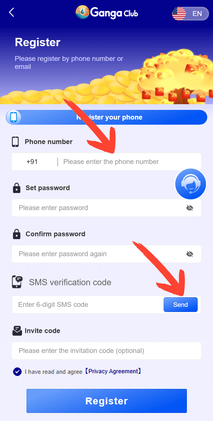 Ganga Club register screen showing phone, password and invite code fields